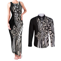Polynesian Plumeria Floral Tattoo Pattern Couples Matching Tank Maxi Dress and Long Sleeve Button Shirt Beige Style
