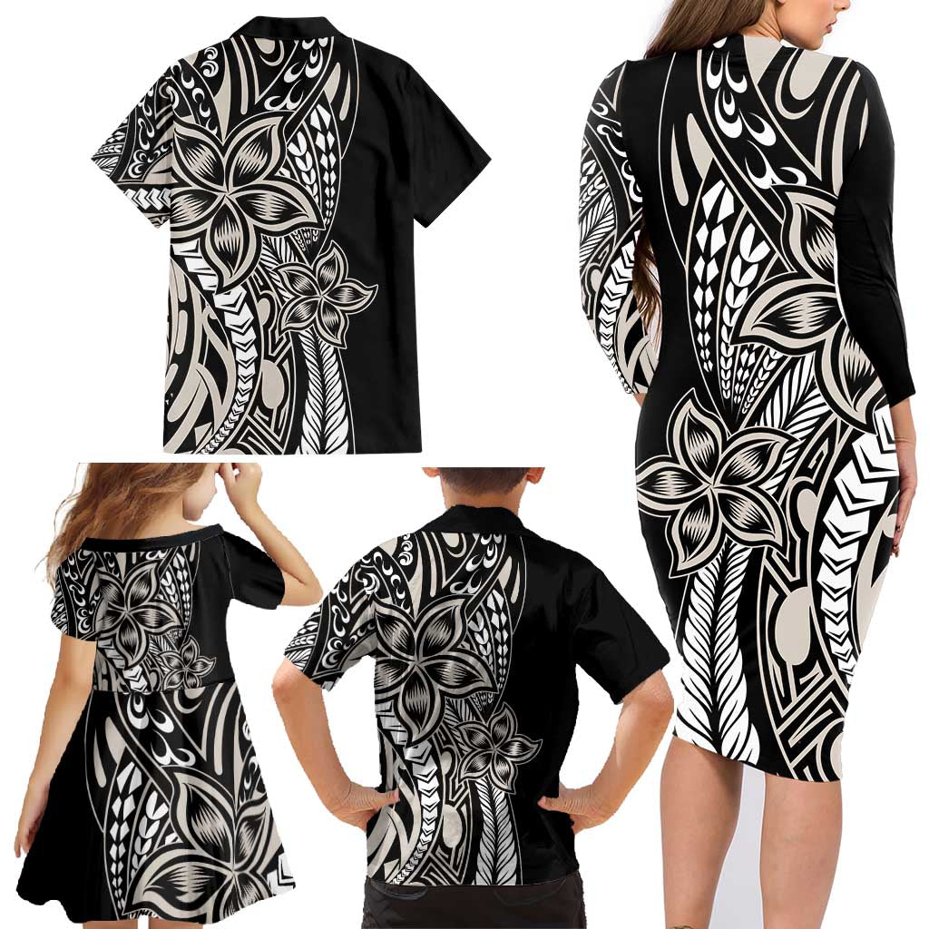 Polynesian Plumeria Floral Tattoo Pattern Family Matching Long Sleeve Bodycon Dress and Hawaiian Shirt Beige Style LT9 - Polynesian Pride