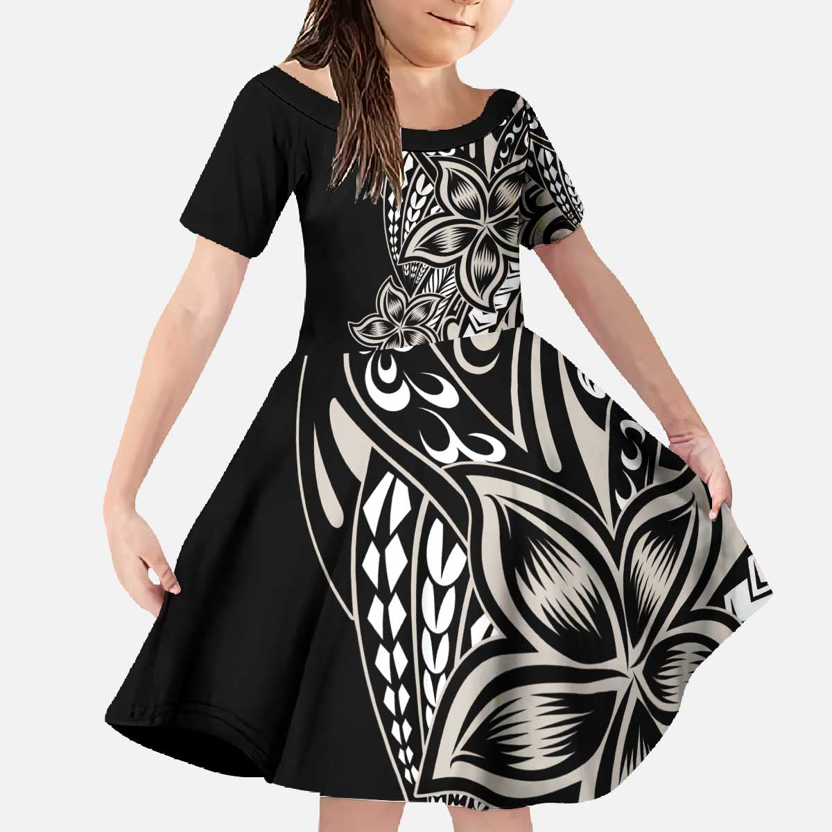 Polynesian Plumeria Floral Tattoo Pattern Family Matching Off The Shoulder Long Sleeve Dress and Hawaiian Shirt Beige Style LT9 Daughter's Dress Beige - Polynesian Pride