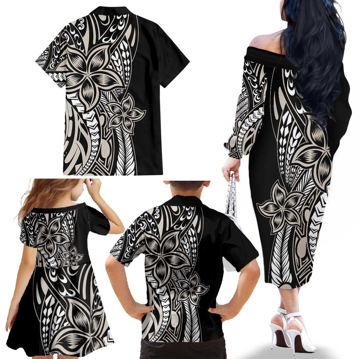 Polynesian Plumeria Floral Tattoo Pattern Family Matching Off The Shoulder Long Sleeve Dress and Hawaiian Shirt Beige Style LT9 - Polynesian Pride