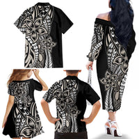 Polynesian Plumeria Floral Tattoo Pattern Family Matching Off The Shoulder Long Sleeve Dress and Hawaiian Shirt Beige Style LT9 - Polynesian Pride