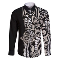 Polynesian Plumeria Floral Tattoo Pattern Family Matching Off The Shoulder Long Sleeve Dress and Hawaiian Shirt Beige Style LT9 Dad's Shirt - Long Sleeve Beige - Polynesian Pride
