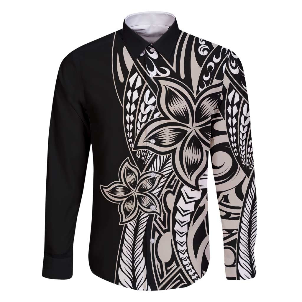 Polynesian Plumeria Floral Tattoo Pattern Family Matching Short Sleeve Bodycon Dress and Hawaiian Shirt Beige Style LT9 Dad's Shirt - Long Sleeve Beige - Polynesian Pride
