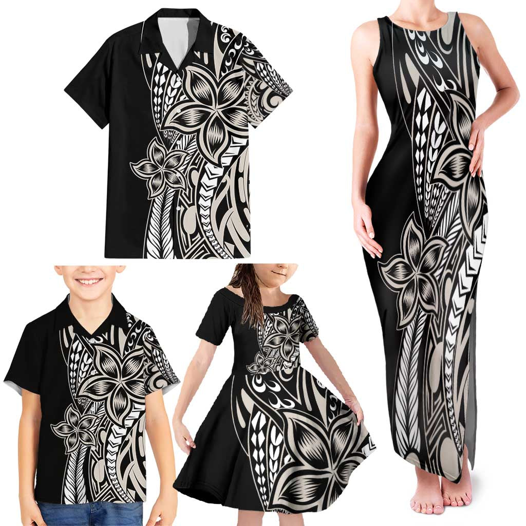 Polynesian Plumeria Floral Tattoo Pattern Family Matching Tank Maxi Dress and Hawaiian Shirt Beige Style LT9 - Polynesian Pride