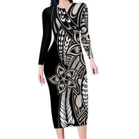 Polynesian Plumeria Floral Tattoo Pattern Long Sleeve Bodycon Dress Beige Style LT9 Long Dress Beige - Polynesian Pride