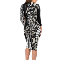 Polynesian Plumeria Floral Tattoo Pattern Long Sleeve Bodycon Dress Beige Style LT9 - Polynesian Pride