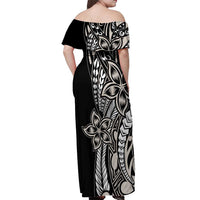 Polynesian Plumeria Floral Tattoo Pattern Off Shoulder Maxi Dress Beige Style