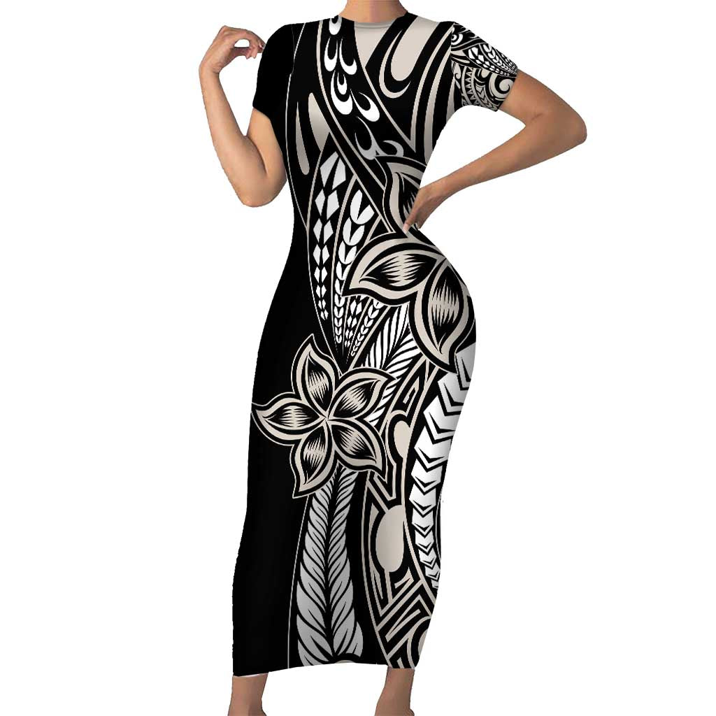 Polynesian Plumeria Floral Tattoo Pattern Short Sleeve Bodycon Dress Beige Style LT9 Long Dress Beige - Polynesian Pride