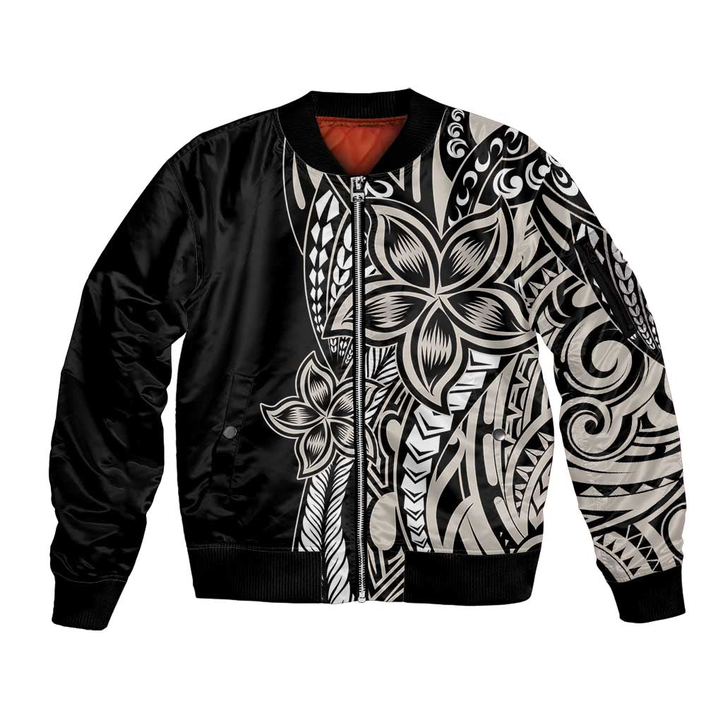 Polynesian Plumeria Floral Tattoo Pattern Sleeve Zip Bomber Jacket Beige Style LT9 Unisex Beige - Polynesian Pride