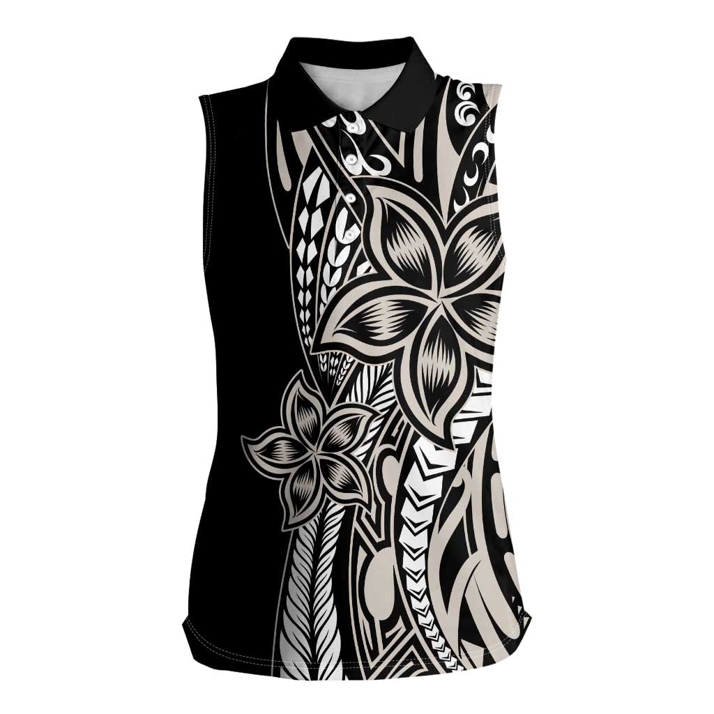 Polynesian Plumeria Floral Tattoo Pattern Women Sleeveless Polo Shirt Beige Style