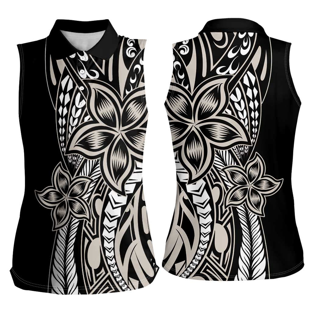 Polynesian Plumeria Floral Tattoo Pattern Women Sleeveless Polo Shirt Beige Style