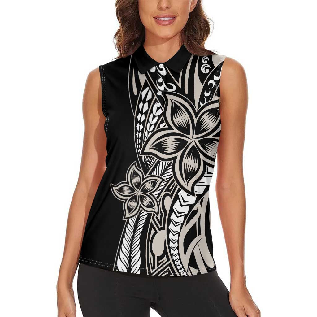 Polynesian Plumeria Floral Tattoo Pattern Women Sleeveless Polo Shirt Beige Style