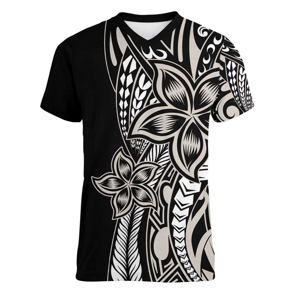 Polynesian Plumeria Floral Tattoo Pattern Women V-Neck T-Shirt Beige Style