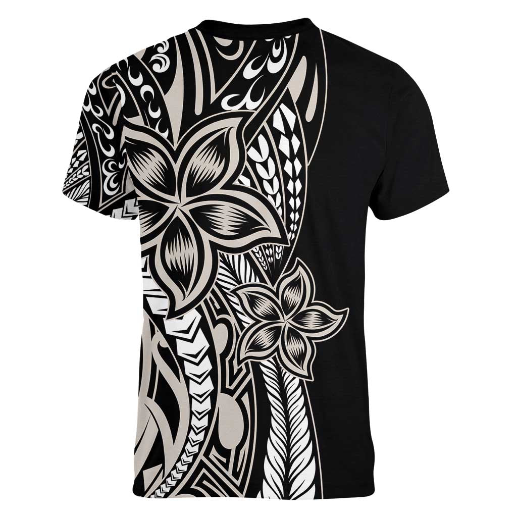 Polynesian Plumeria Floral Tattoo Pattern Women V-Neck T-Shirt Beige Style