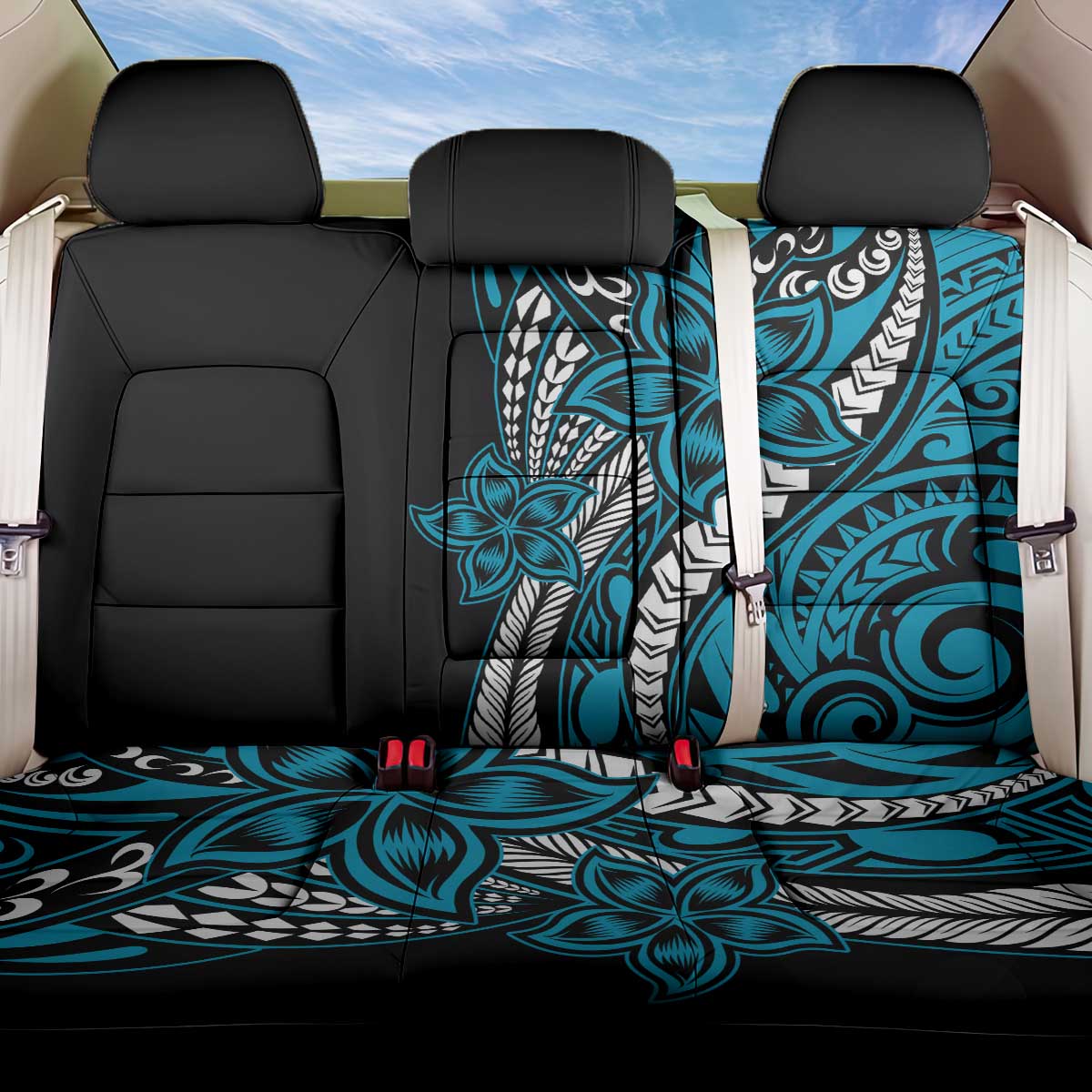 Polynesian Plumeria Floral Tattoo Pattern Back Car Seat Cover Blue Style LT9 One Size Blue - Polynesian Pride