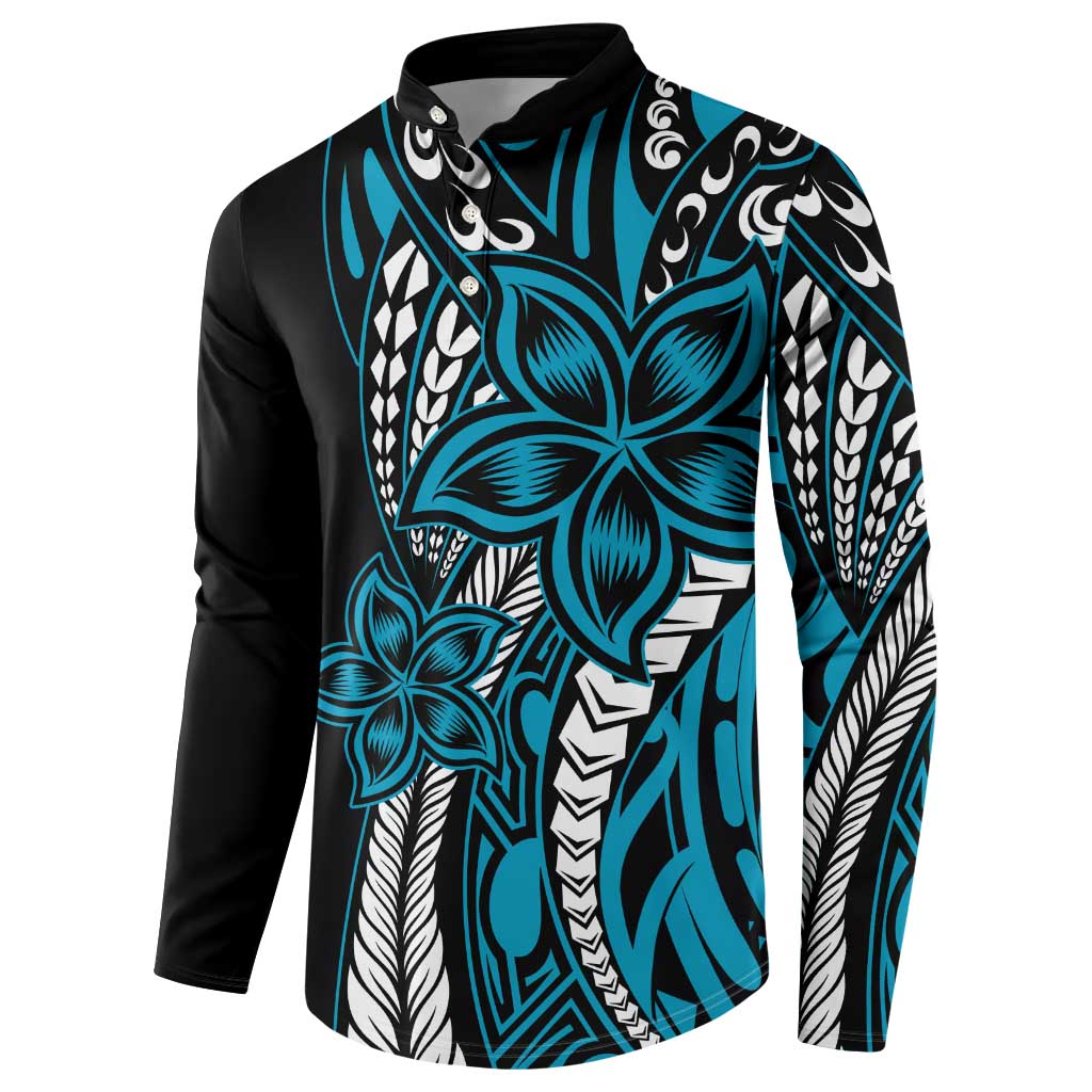 Polynesian Plumeria Floral Tattoo Pattern Button Sweatshirt Bllue Style
