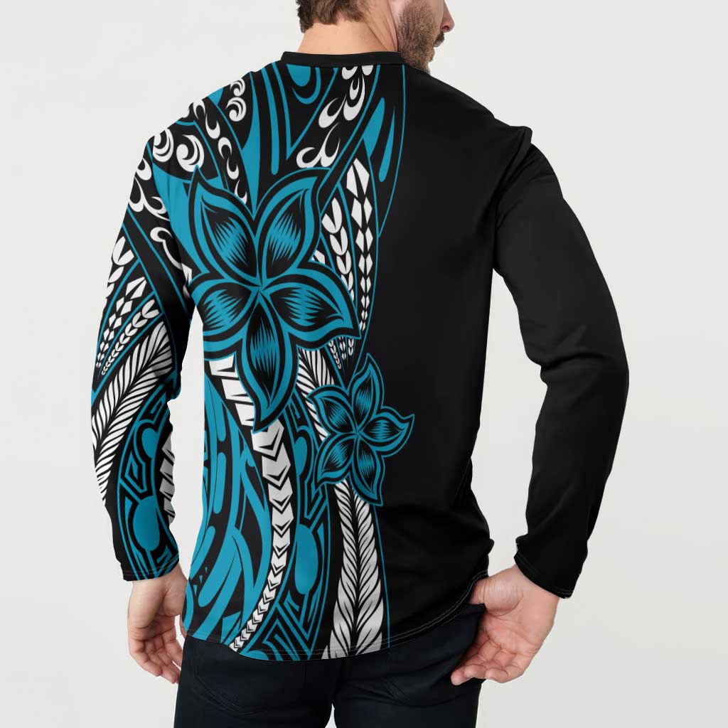 Polynesian Plumeria Floral Tattoo Pattern Button Sweatshirt Bllue Style