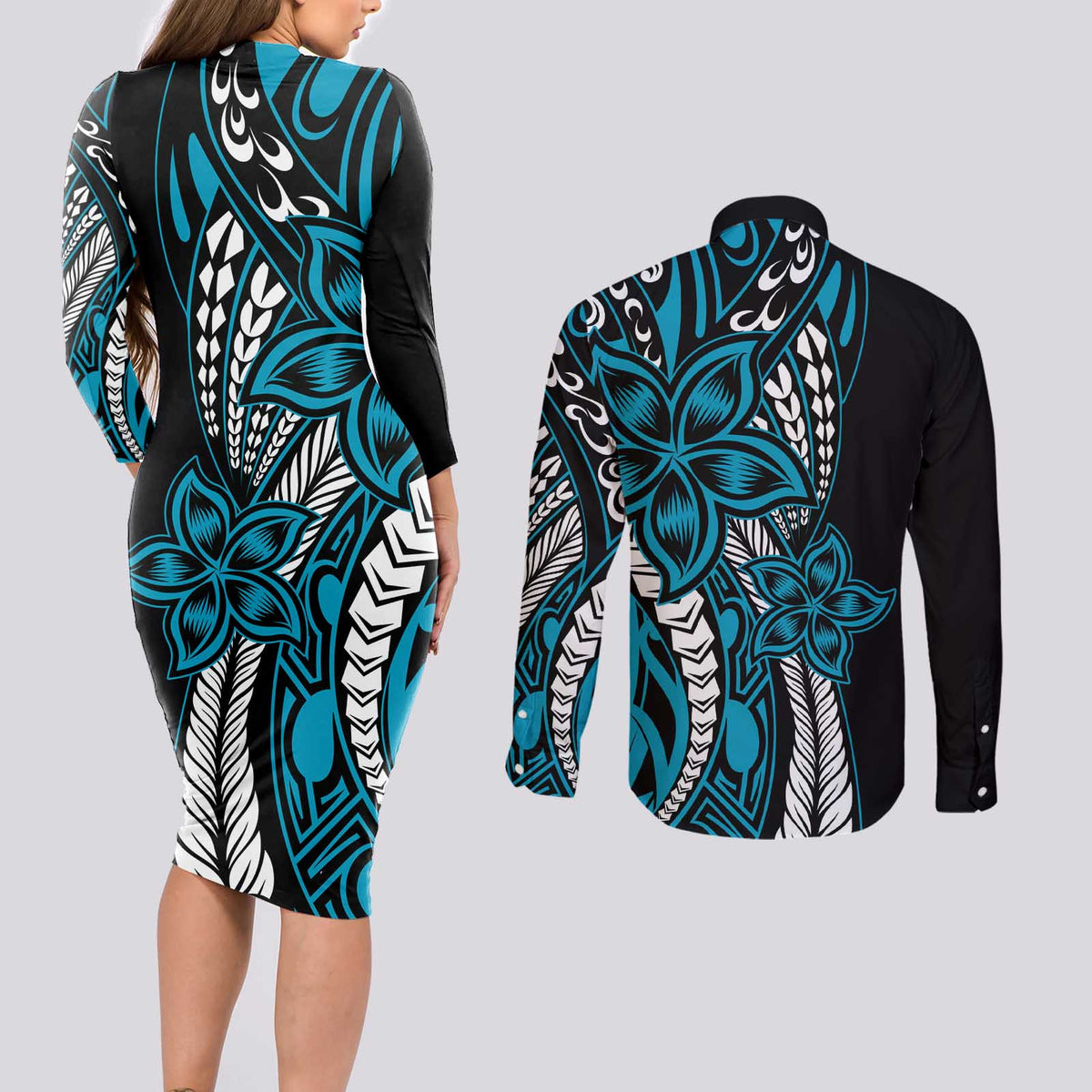 Polynesian Plumeria Floral Tattoo Pattern Couples Matching Long Sleeve Bodycon Dress and Long Sleeve Button Shirt Bllue Style