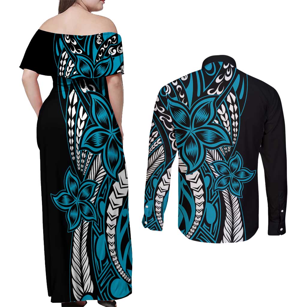 Polynesian Plumeria Floral Tattoo Pattern Couples Matching Off Shoulder Maxi Dress and Long Sleeve Button Shirt Bllue Style