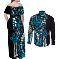 Polynesian Plumeria Floral Tattoo Pattern Couples Matching Off Shoulder Maxi Dress and Long Sleeve Button Shirt Bllue Style