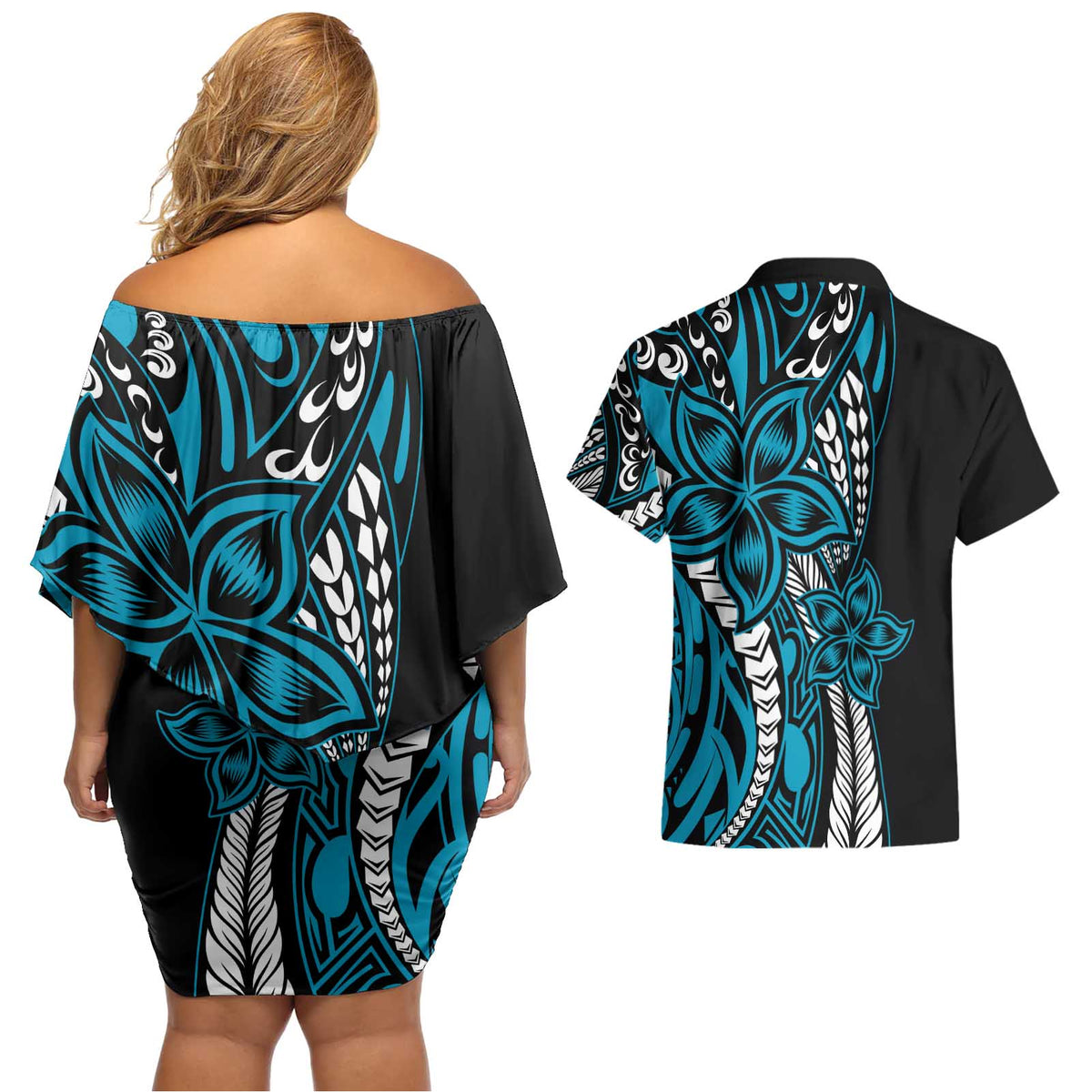 Polynesian Plumeria Floral Tattoo Pattern Couples Matching Off Shoulder Short Dress and Hawaiian Shirt Bllue Style