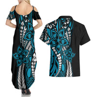 Polynesian Plumeria Floral Tattoo Pattern Couples Matching Summer Maxi Dress and Hawaiian Shirt Bllue Style