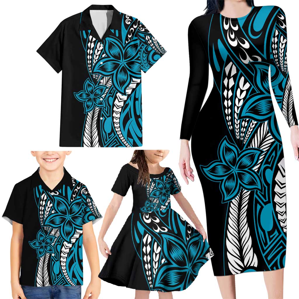 Polynesian Plumeria Floral Tattoo Pattern Family Matching Long Sleeve Bodycon Dress and Hawaiian Shirt Blue Style LT9 - Polynesian Pride