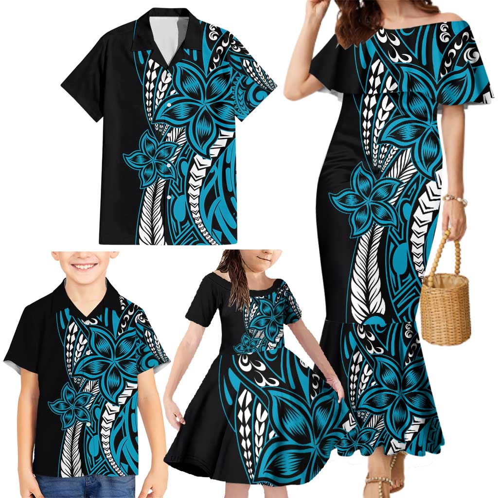 Polynesian Plumeria Floral Tattoo Pattern Family Matching Mermaid Dress and Hawaiian Shirt Blue Style LT9 - Polynesian Pride