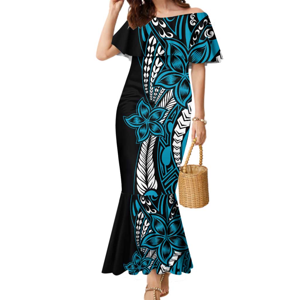 Polynesian Plumeria Floral Tattoo Pattern Family Matching Mermaid Dress and Hawaiian Shirt Blue Style LT9 Mom's Dress Blue - Polynesian Pride