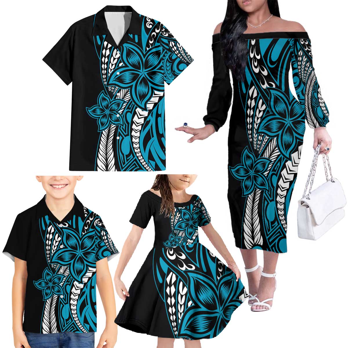 Polynesian Plumeria Floral Tattoo Pattern Family Matching Off The Shoulder Long Sleeve Dress and Hawaiian Shirt Blue Style LT9 - Polynesian Pride