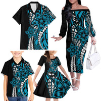 Polynesian Plumeria Floral Tattoo Pattern Family Matching Off The Shoulder Long Sleeve Dress and Hawaiian Shirt Blue Style LT9 - Polynesian Pride
