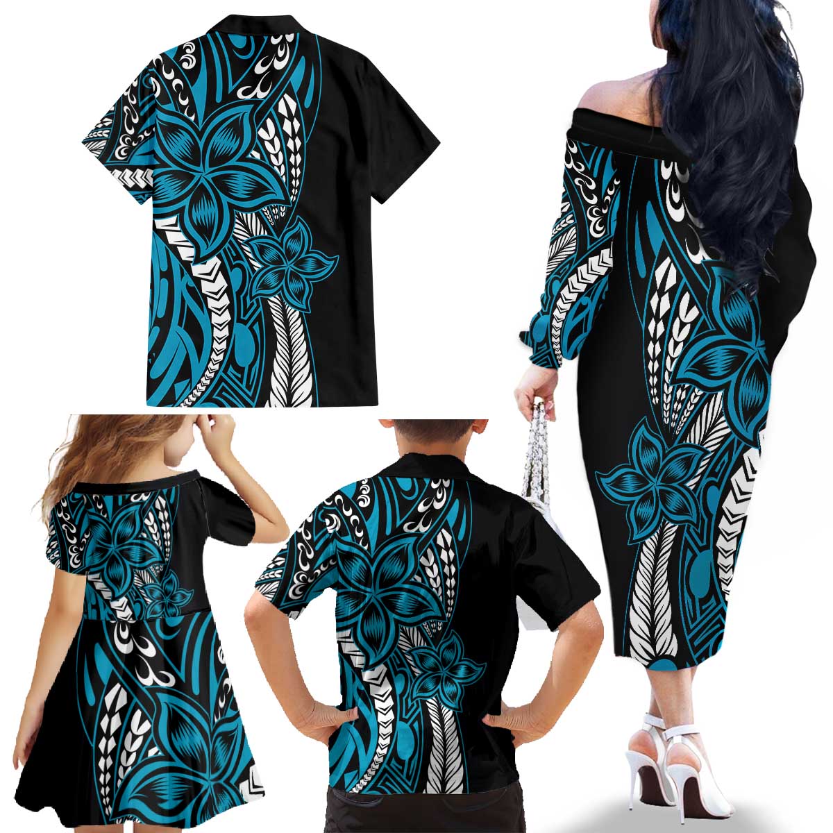 Polynesian Plumeria Floral Tattoo Pattern Family Matching Off The Shoulder Long Sleeve Dress and Hawaiian Shirt Blue Style LT9 - Polynesian Pride