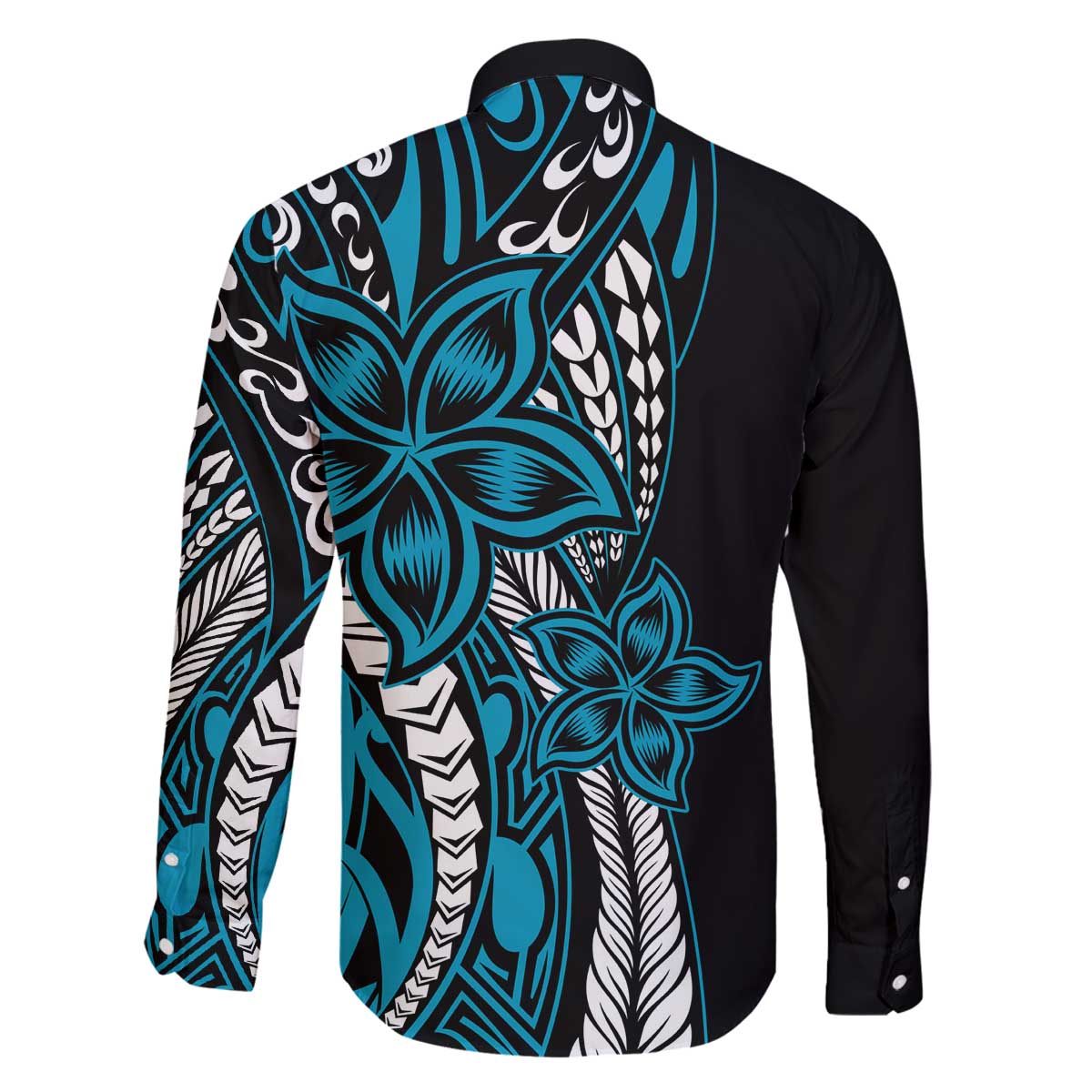 Polynesian Plumeria Floral Tattoo Pattern Family Matching Off The Shoulder Long Sleeve Dress and Hawaiian Shirt Blue Style LT9 - Polynesian Pride