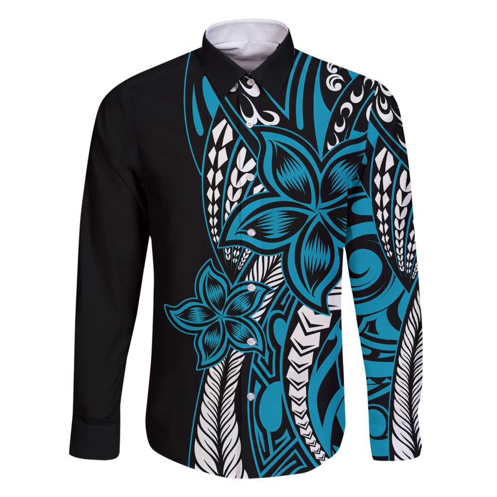Polynesian Plumeria Floral Tattoo Pattern Family Matching Off Shoulder Maxi Dress and Hawaiian Shirt Bllue Style