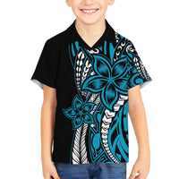 Polynesian Plumeria Floral Tattoo Pattern Family Matching Off Shoulder Maxi Dress and Hawaiian Shirt Bllue Style
