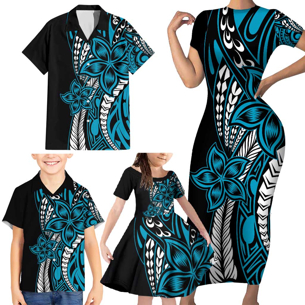 Polynesian Plumeria Floral Tattoo Pattern Family Matching Short Sleeve Bodycon Dress and Hawaiian Shirt Blue Style LT9 - Polynesian Pride