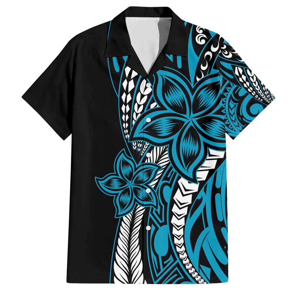 Polynesian Plumeria Floral Tattoo Pattern Family Matching Short Sleeve Bodycon Dress and Hawaiian Shirt Blue Style LT9 Dad's Shirt - Short Sleeve Blue - Polynesian Pride