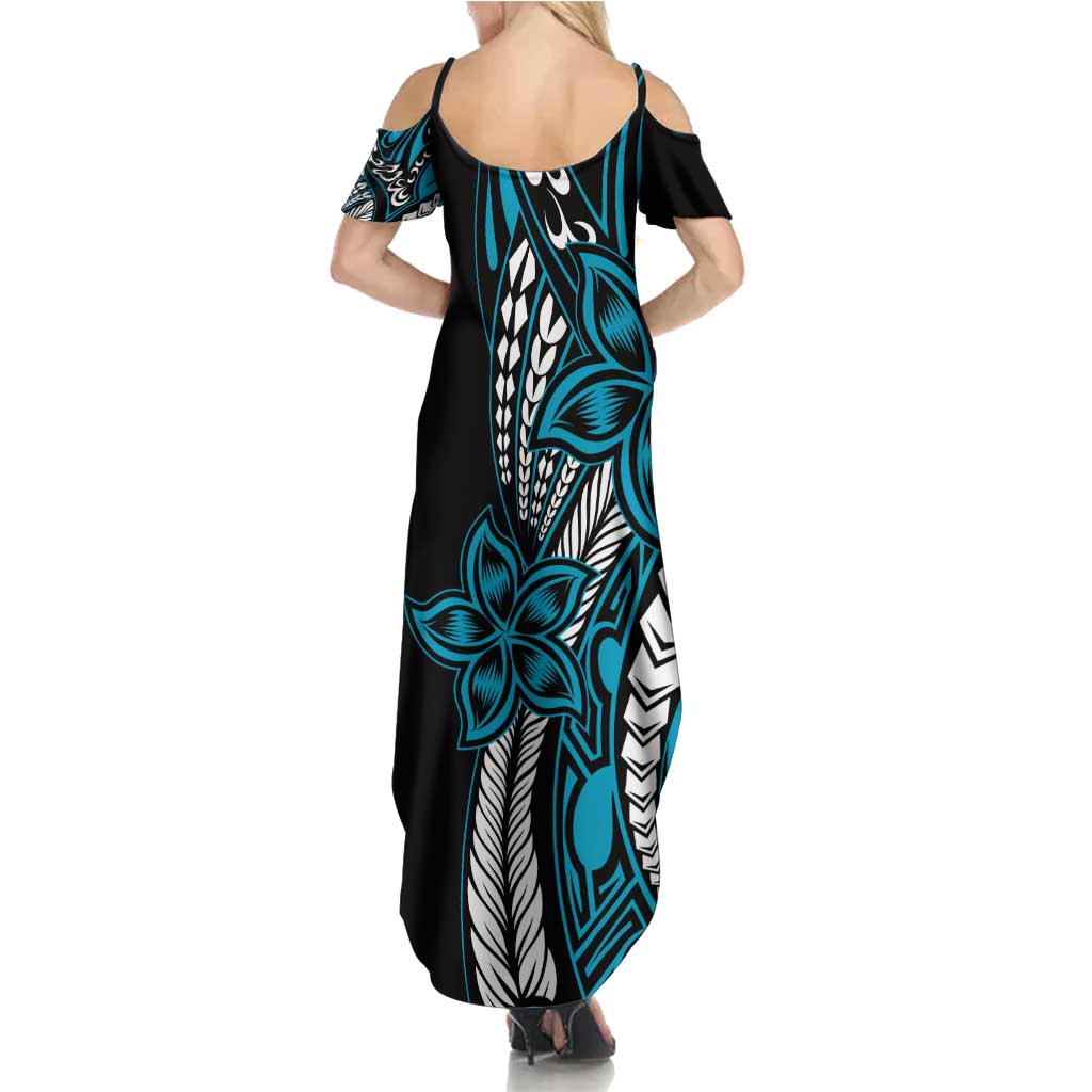Polynesian Plumeria Floral Tattoo Pattern Family Matching Summer Maxi Dress and Hawaiian Shirt Bllue Style