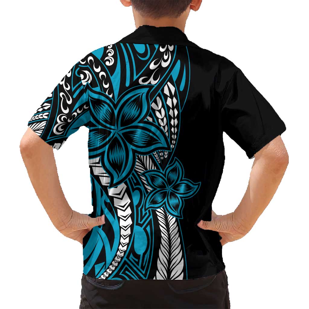 Polynesian Plumeria Floral Tattoo Pattern Family Matching Tank Maxi Dress and Hawaiian Shirt Bllue Style