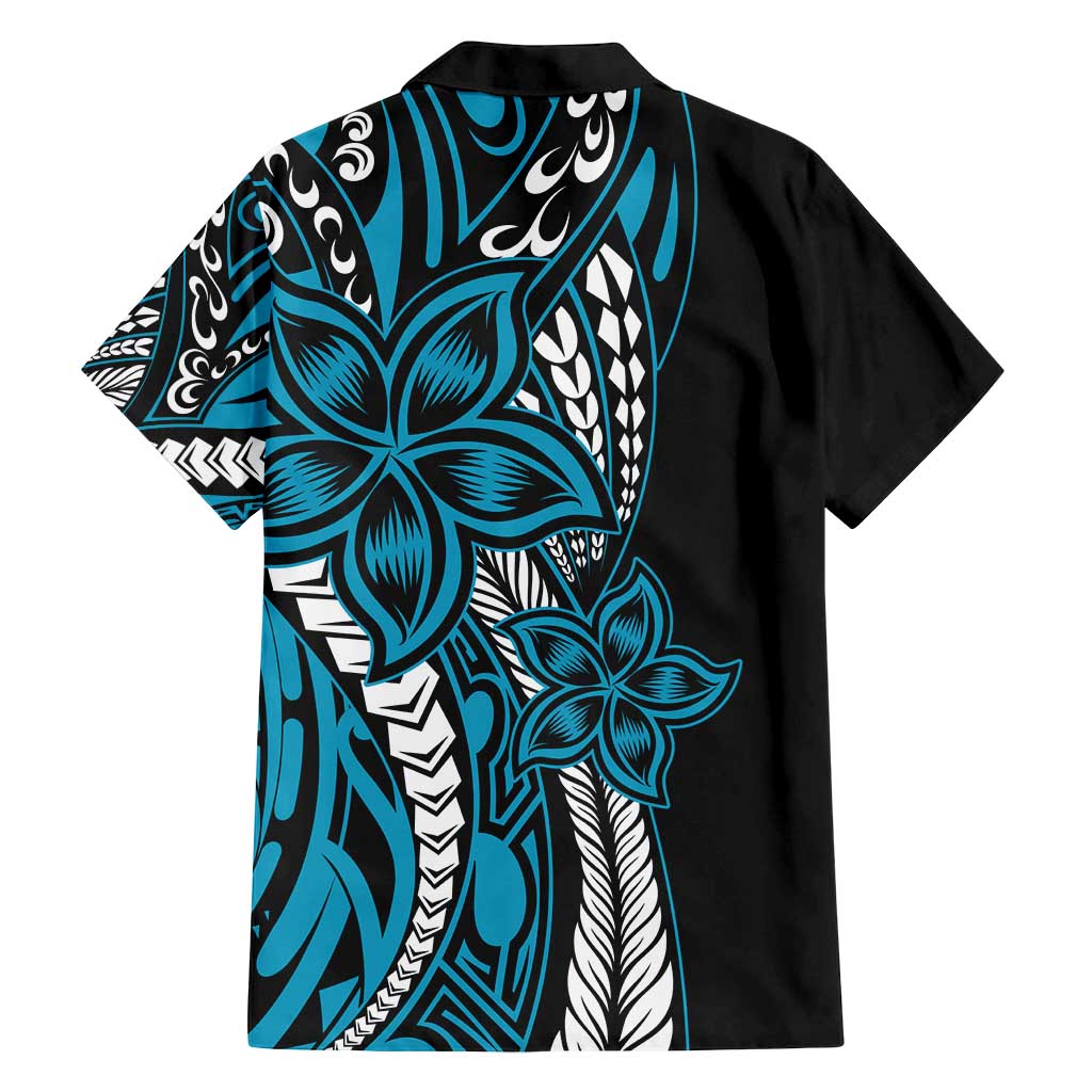Polynesian Plumeria Floral Tattoo Pattern Family Matching Tank Maxi Dress and Hawaiian Shirt Bllue Style