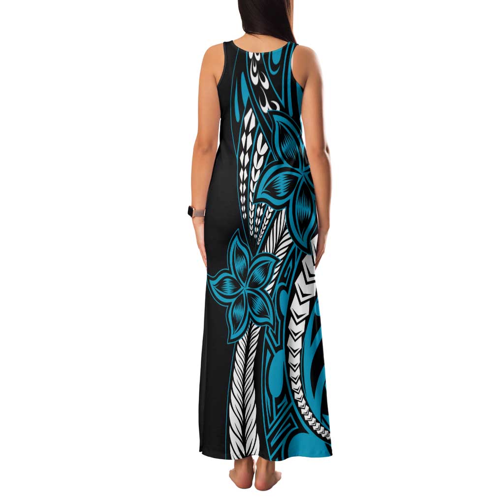 Polynesian Plumeria Floral Tattoo Pattern Family Matching Tank Maxi Dress and Hawaiian Shirt Bllue Style