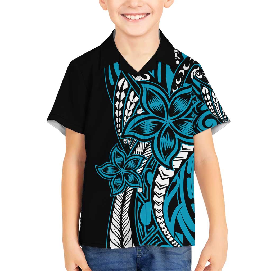 Polynesian Plumeria Floral Tattoo Pattern Family Matching Tank Maxi Dress and Hawaiian Shirt Bllue Style