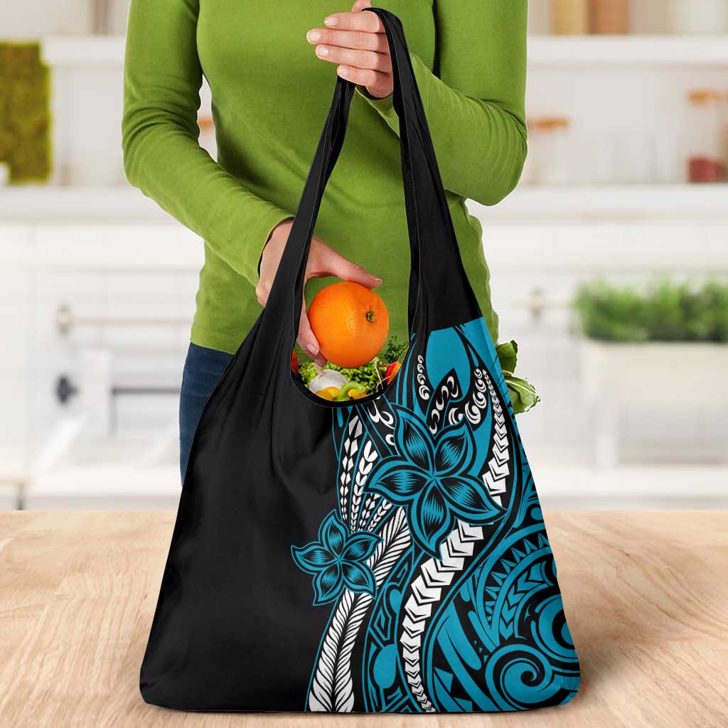 Polynesian Plumeria Floral Tattoo Pattern Grocery Bag Blue Style