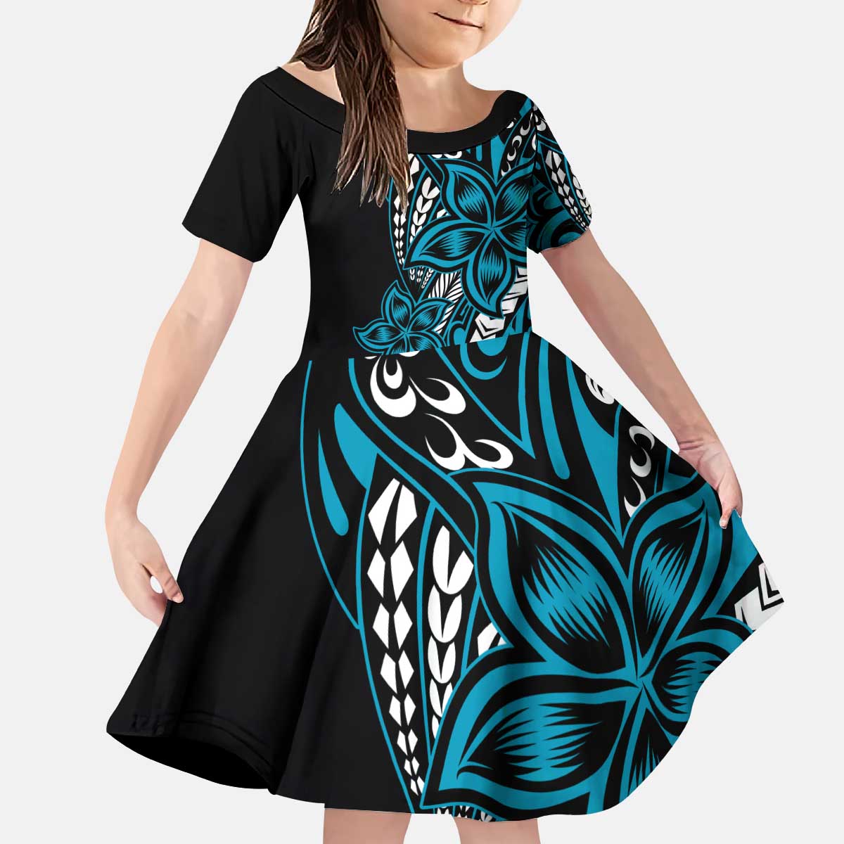 Polynesian Plumeria Floral Tattoo Pattern Kid Short Sleeve Dress Blue Style LT9 KID Blue - Polynesian Pride