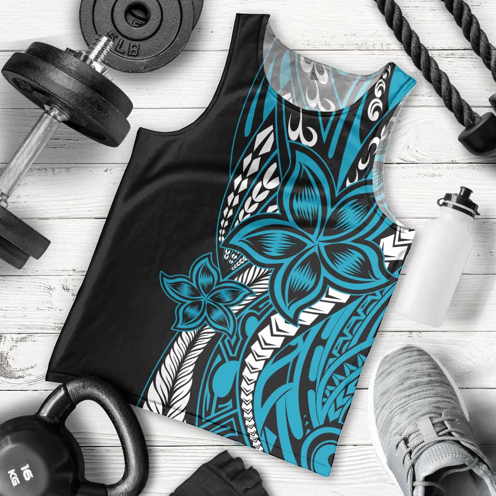 Polynesian Plumeria Floral Tattoo Pattern Men Tank Top Bllue Style