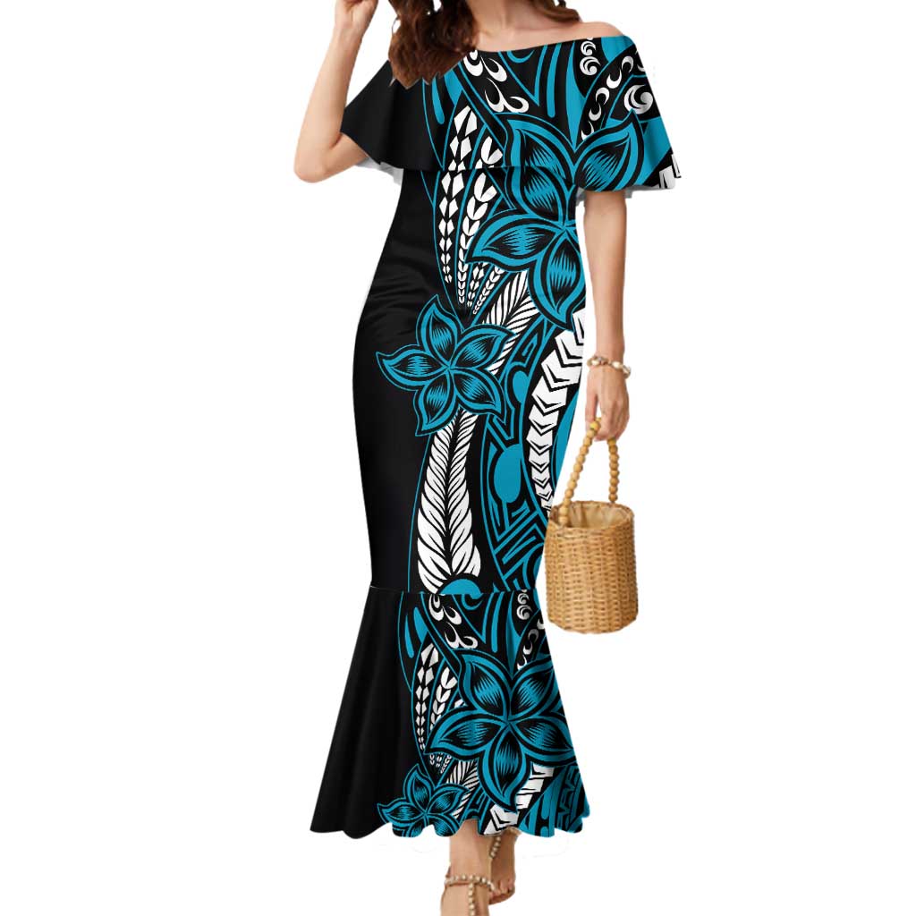 Polynesian Plumeria Floral Tattoo Pattern Mermaid Dress Blue Style LT9 Women Blue - Polynesian Pride