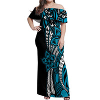 Polynesian Plumeria Floral Tattoo Pattern Off Shoulder Maxi Dress Bllue Style