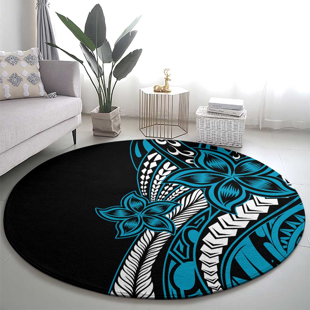 Polynesian Plumeria Floral Tattoo Pattern Round Carpet Blue Style