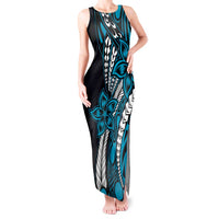 Polynesian Plumeria Floral Tattoo Pattern Tank Maxi Dress Bllue Style