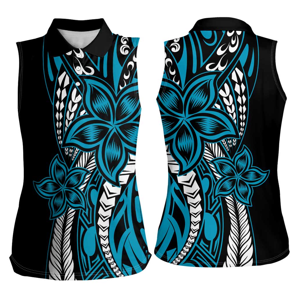 Polynesian Plumeria Floral Tattoo Pattern Women Sleeveless Polo Shirt Bllue Style